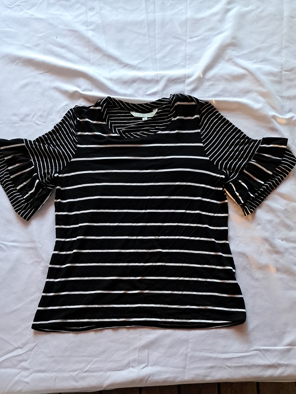 cleo Black & White Striped Ruffle Sleeve Tee
